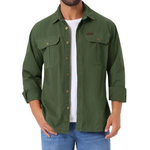 Casual Workwear Long Sleeve Pockets Fishing Hiking Work Shirts Olive Green
